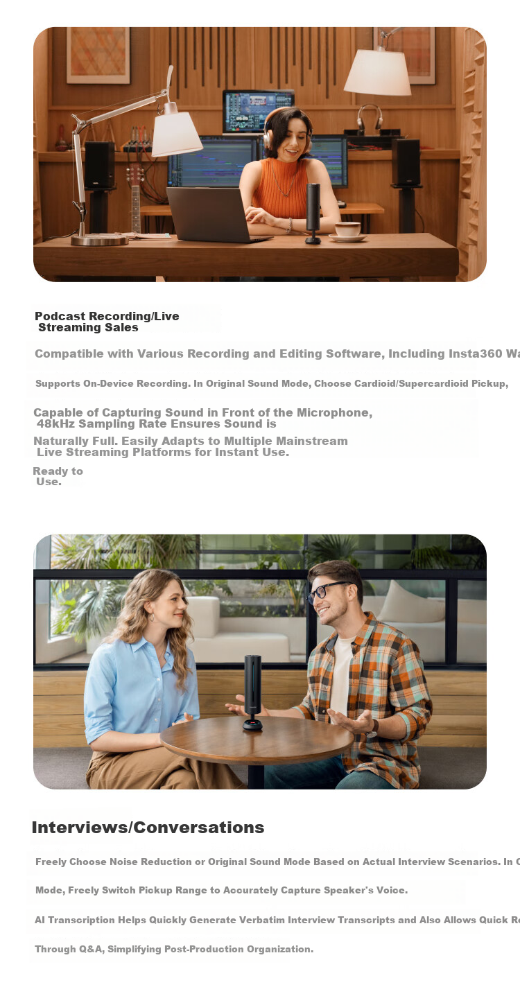 Insta360 Wave AI Omnidirectional Microphone Speaker 360° 5m Pickup Noise Reduction Wireless Bluetooth USB Plug-and-Play Tencent Certified Agile White (Recommended by Luo Yonghao) 7