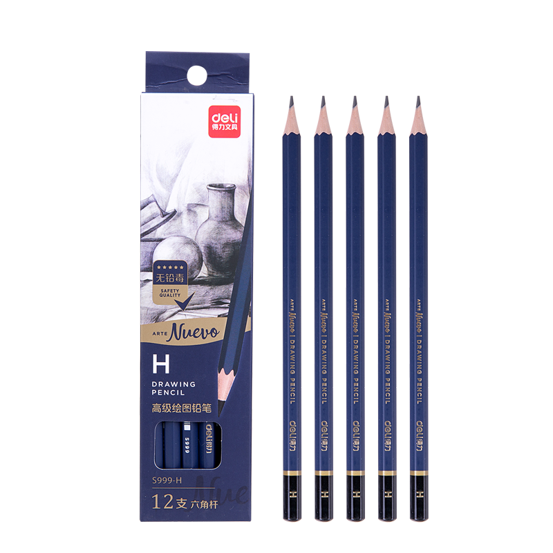 Deli Premium Drawing Pencils, 12 Pieces, H Sketching Pencils, Hexagonal Barrel Writing Black Pencils for Students, Art Sketching Engineering Drawing Pencils, Specialized for Beginners, Back-To Stationery for Students