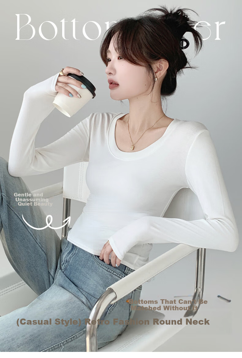 Langsha Women's Round Neck Base Shirt Spring New 2026 Slim Fit Solid Color Long Sleeve T-Shirt Top 1
