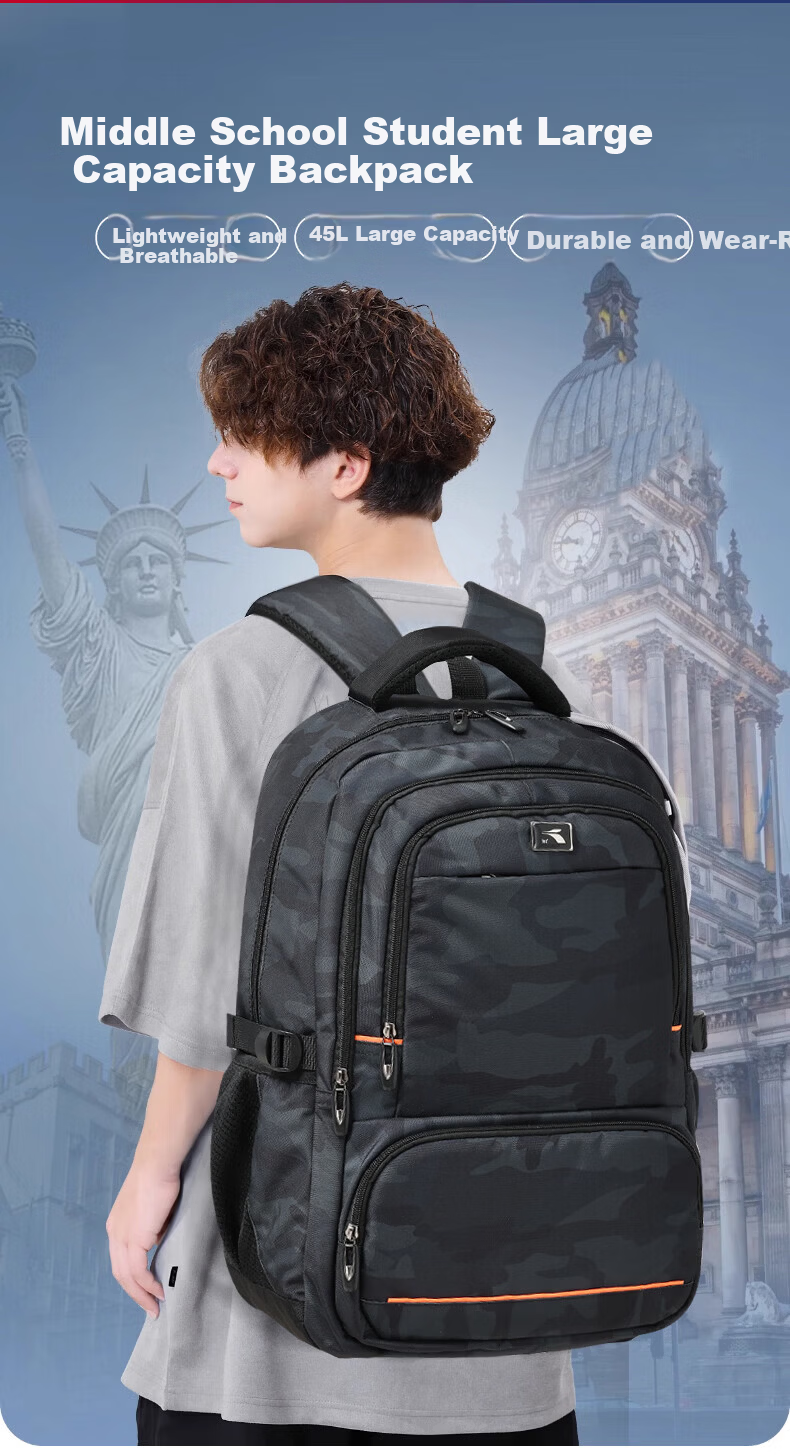 361° High School Student Backpack Large Capacity Water-Resistant Camouflage Black Travel Shoulder Bag for Middle and University Students 1