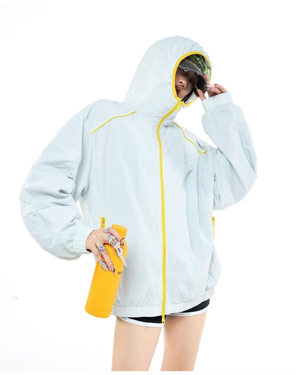 ICH MODE Colorblock Physical Sunscreen Jacket Women Spring Summer New Hooded UV Protection Coat Light Blue M 9
