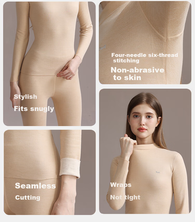 MiiOW [Wool Silk Mid-Neck] Women's Thermal Underwear Set, Fleece-Lined Thick Autumn Top And Bottom Base Layer Warm Set 11