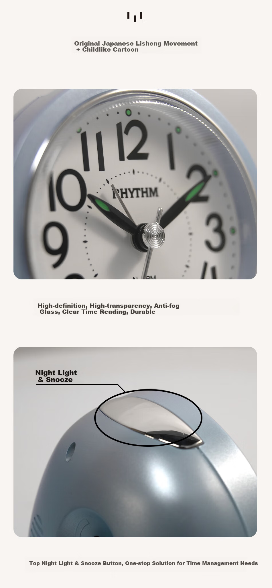 RHYTHM Cute Student Night Light Alarm Clock for High School, Middle School, and Elementary Students, Simple and Practical Wake-Up Device, Loud Alarm for Boys, Back to School Season 10