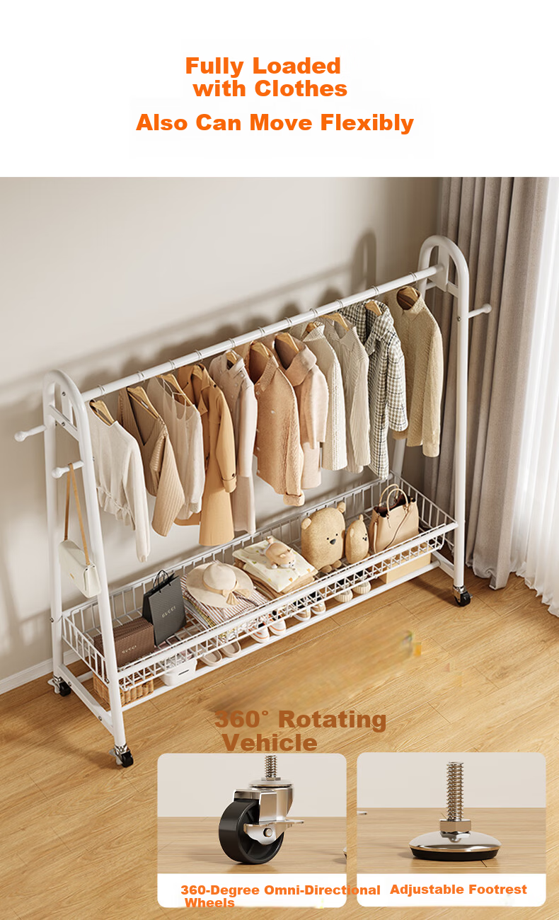 Shanshan Wooden Floor-Standing Clothes Hanger Coat Rack Bedroom Garment Rack Mobile Balcony Storage Shelf 12