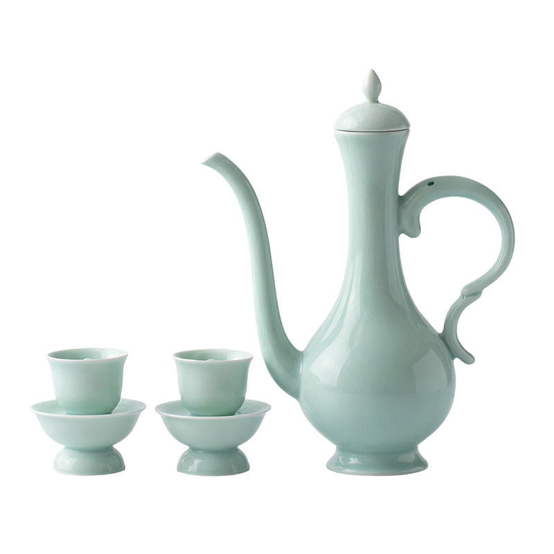 JD Jingzao Baijiu Glass Decanter Set with Huixin Teapot and Turntable, Celadon Porcelain Gift Box, 550ml