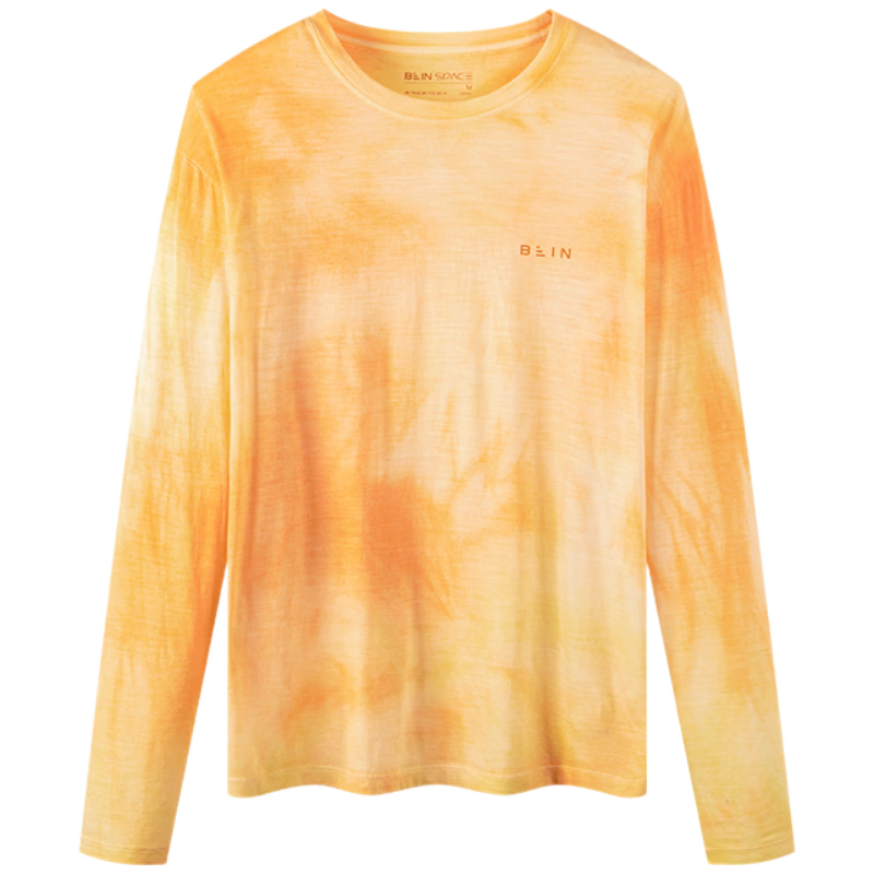 BEIN SPACE Spring New Merino Wool Handmade Tie-Dye Sports Outdoor Breathable Long Sleeve T-Shirt J026 Sunset Orange L