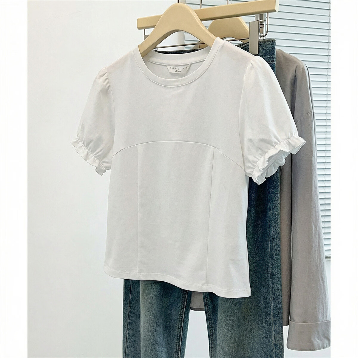 TonLion 2026 Summer Women's Puff Sleeve Short Sleeve T-Shirt Off-White L