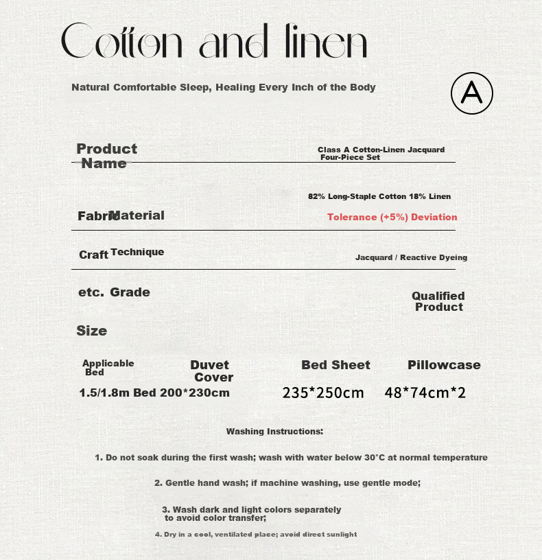 MUJI A-Class Pure Cotton Linen Four-Piece Set Natural Golden Ratio 1.5/1.8m Bed Linen Double Cotton Bedding Set Sheet Duvet Cover 200*230cm 1