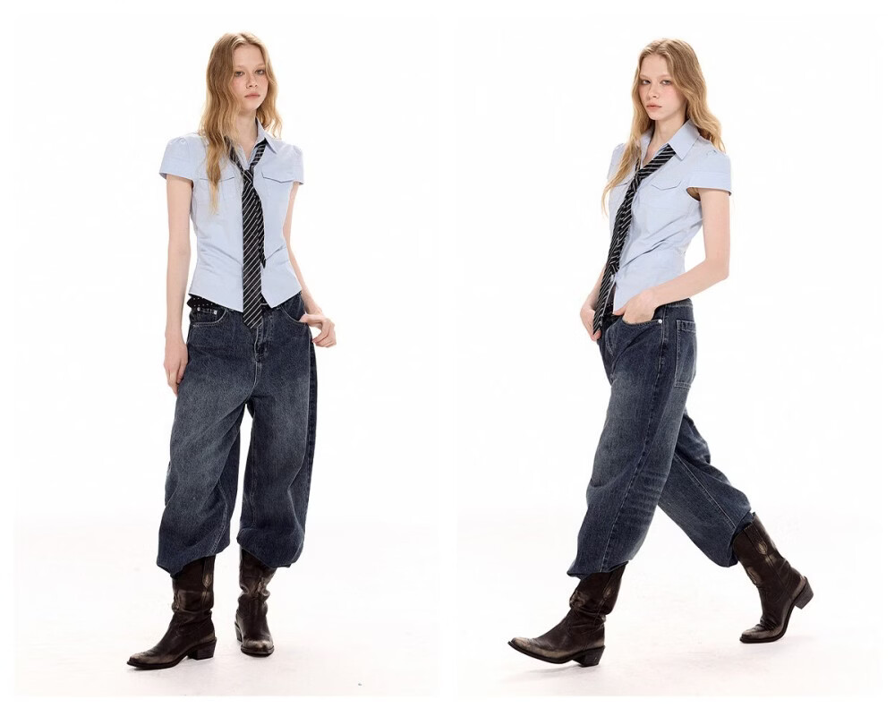 ICH MODE Pleated Waist-Tie Short Sleeve Shirt Women Summer New Slim Fit Pocket Blouse Waist-Cinching Shirt Jacket Blue S 10