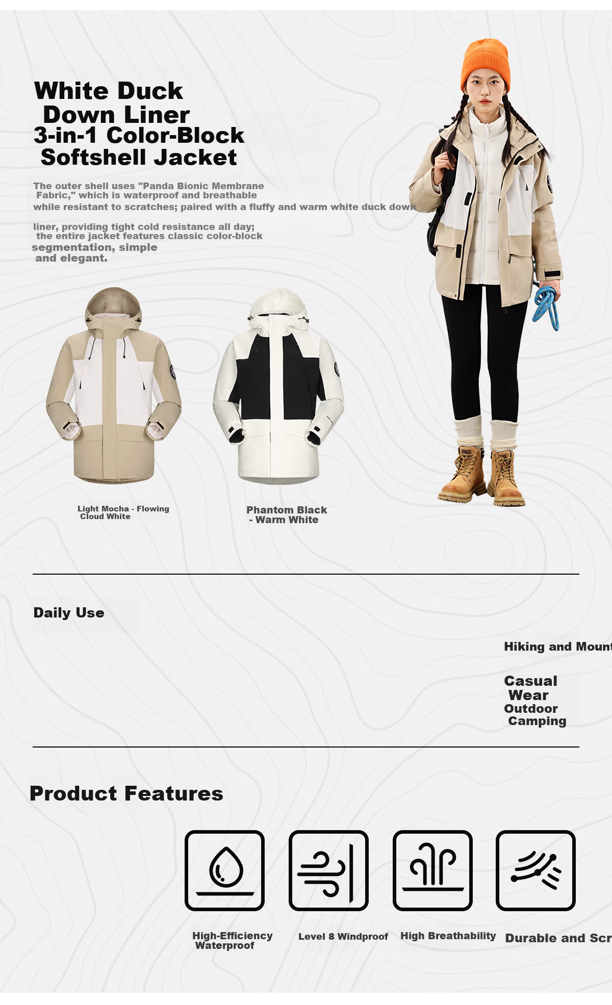 Panda Camel Series 3-in-1 Down Jacket Unisex Autumn Winter Outdoor Waterproof Mountaineering Coat 8170 Black XS 3