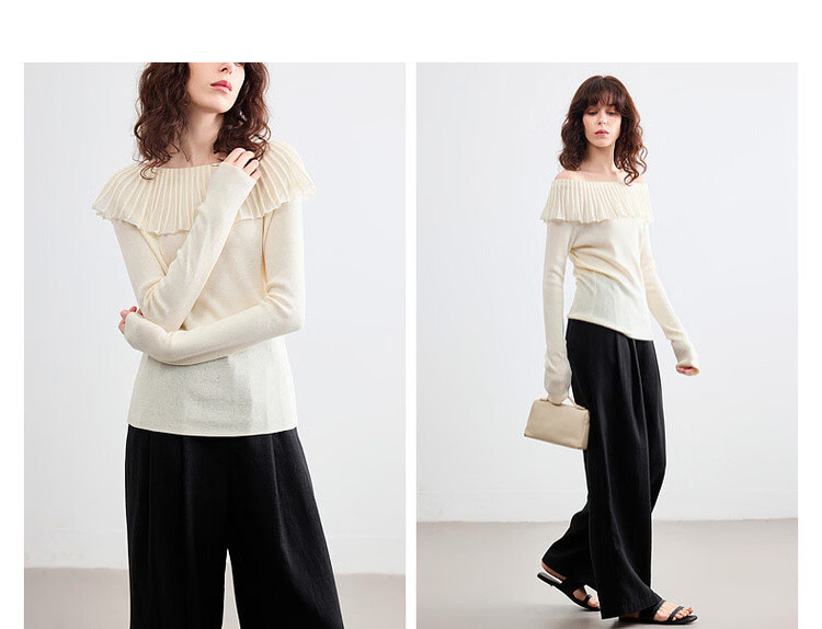 Demana Women's Elegant Spring Off-Shoulder Ruffle Slim Fit Knit Sweater with Mulberry Silk and Wool 5