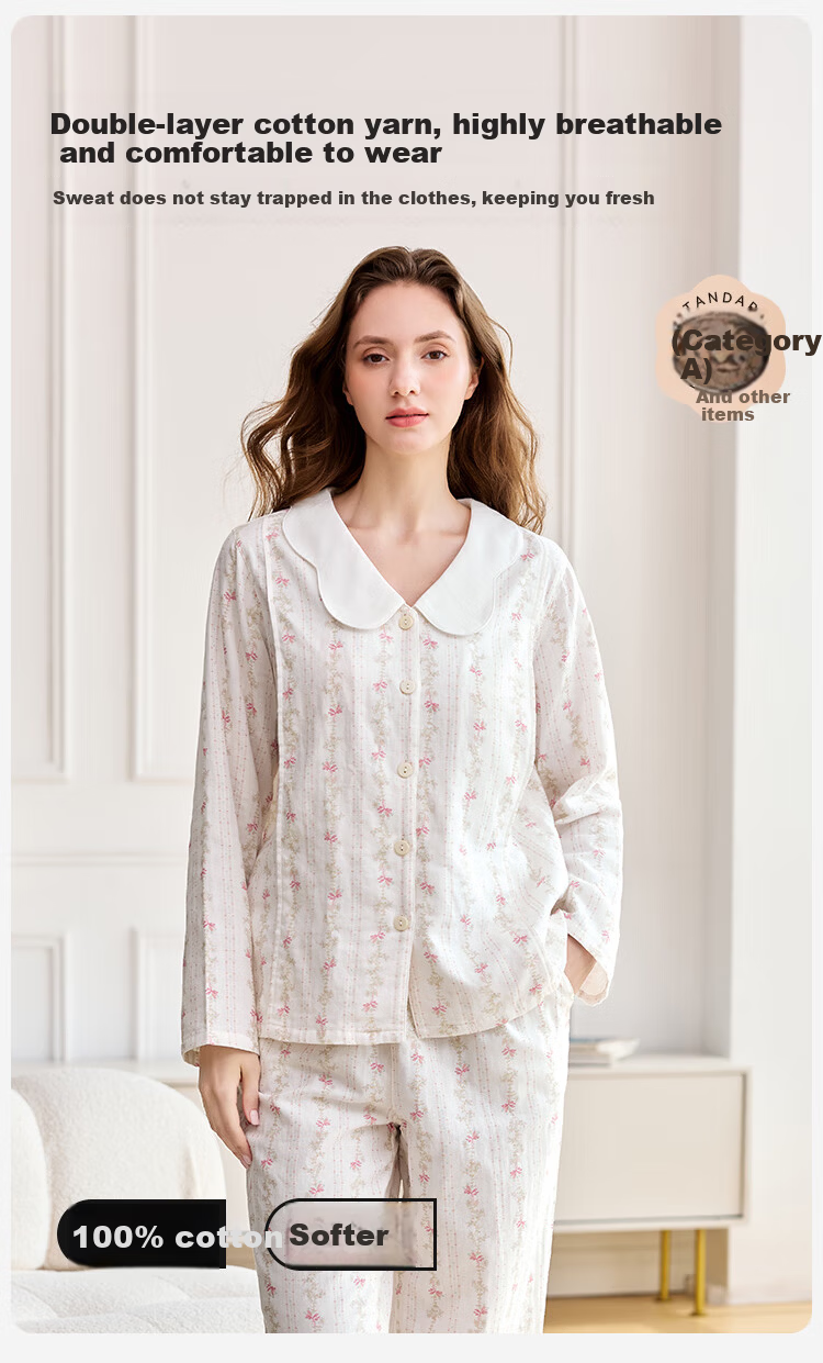 Ying's Maternity Postpartum Set Autumn New 10A Antibacterial Double-Layer Cotton Gauze Nursing Pajamas Homewear Pink M 3