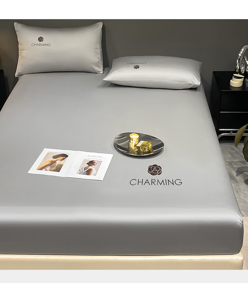 MUJI Class A Antibacterial Ice Silk Fitted Sheet Full Coverage Three-Piece Set 1.8m x 2m Light Gray Mattress Protector 3