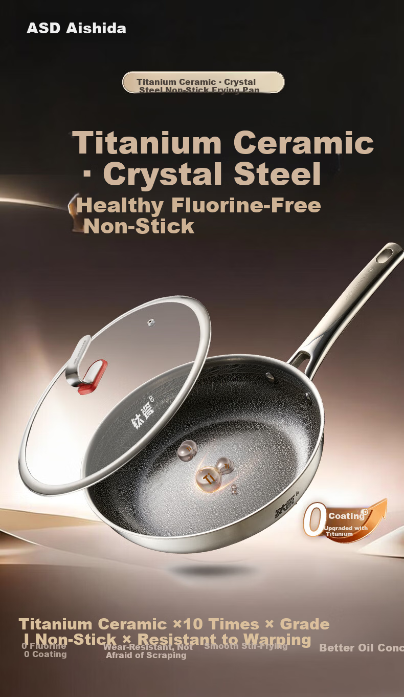 ASD Titanium Ceramic Honeycomb Stainless Steel Non-Stick Frying Pan, Fluorine-Free Coating, Egg and Steak Pan, Compatible with Induction Cookers, Model 28E6 1