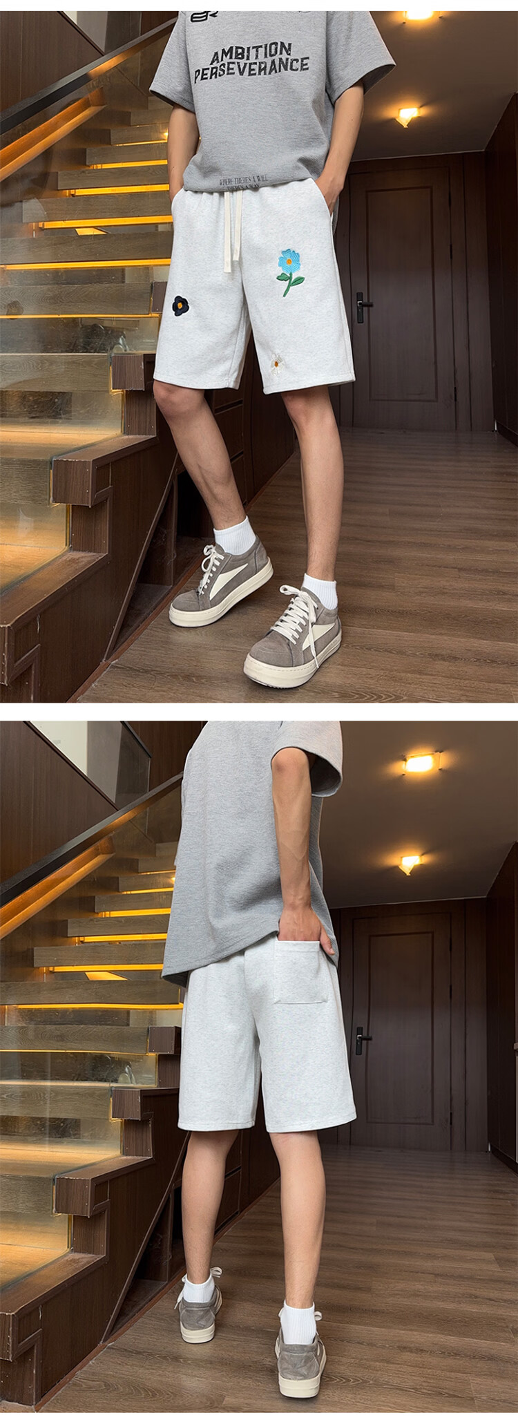 Dingfengbaoluo Cotton Feel Casual Sports Shorts Men Summer Loose Floral Embroidery Simple Five-Point Pants SJ44 White Flower Gray M 8