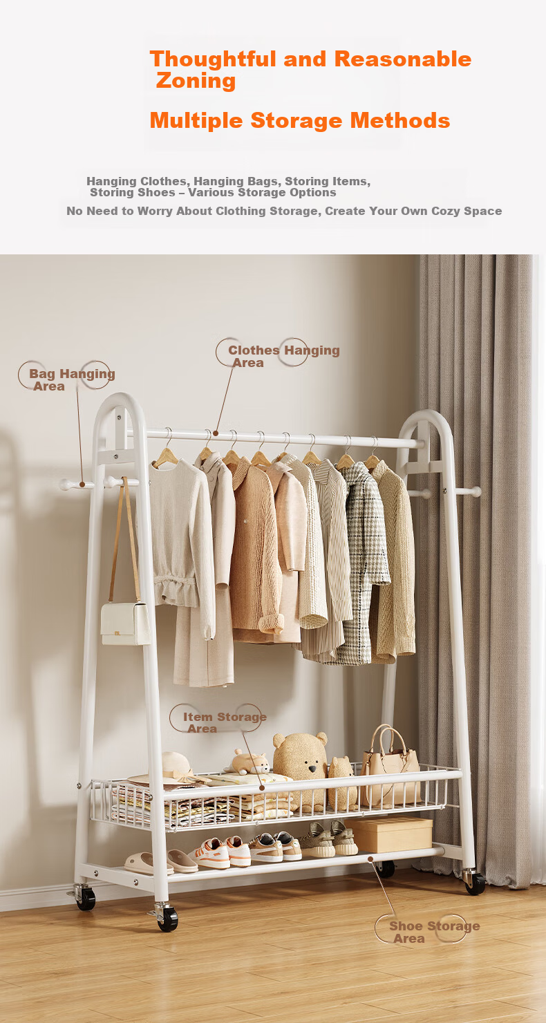 Shanshan Wooden Floor-Standing Clothes Hanger Coat Rack Bedroom Garment Rack Mobile Balcony Storage Shelf 5