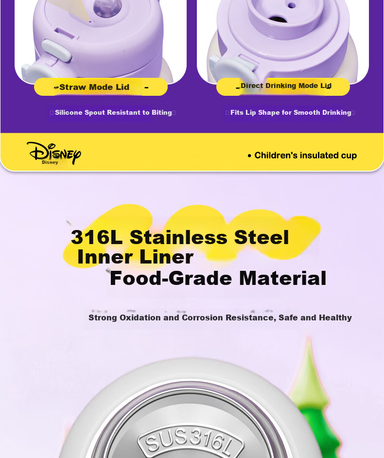 Disney Kids Insulated Double-Drink Straw 316L Large Capacity Water Bottle Portable Drinking Cup for Kindergarten Boys and Girls Elementary Students 5
