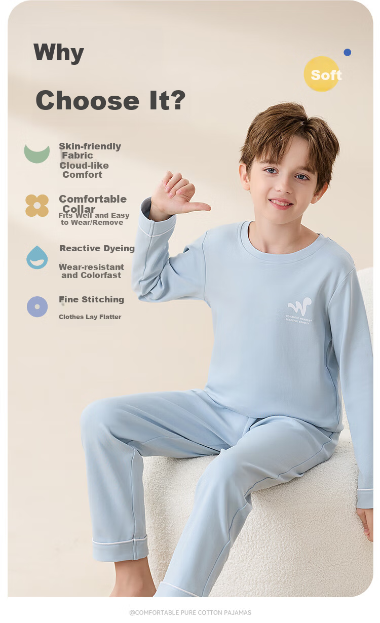 Hodo Children's Cotton Sleepwear Class A Homewear Set Boys Mid-Large Kids Spring Autumn Long Sleeve Long Pants Loose Comfortable Set 8