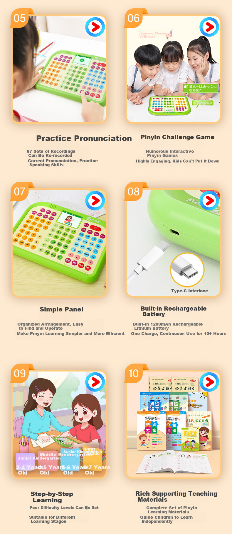 Qipao Pinyin Learning Machine Phonics Training Device Early Childhood Transition Grade 1 Textbook Synchronized Literacy Ancient Poetry Reading Pen Children's Educational Toy Student Birthday Gift Earl 10