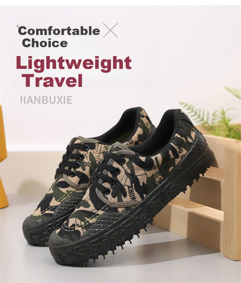 Anxianda Safety Work Shoes Liberation Shoes Construction Camouflage Shoes Unisex Military Training Rubber Shoes Wear-Resistant Non-Slip Canvas Outdoor Hiking Farming Low-Top Sneakers Camouflage Color  3