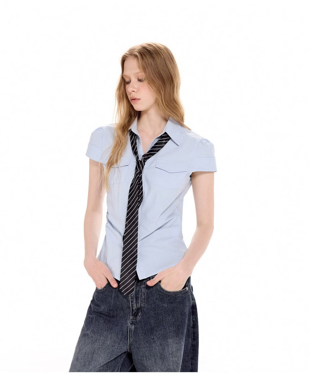 ICH MODE Pleated Waist-Tie Short Sleeve Shirt Women Summer New Slim Fit Pocket Blouse Waist-Cinching Shirt Jacket Blue S 8