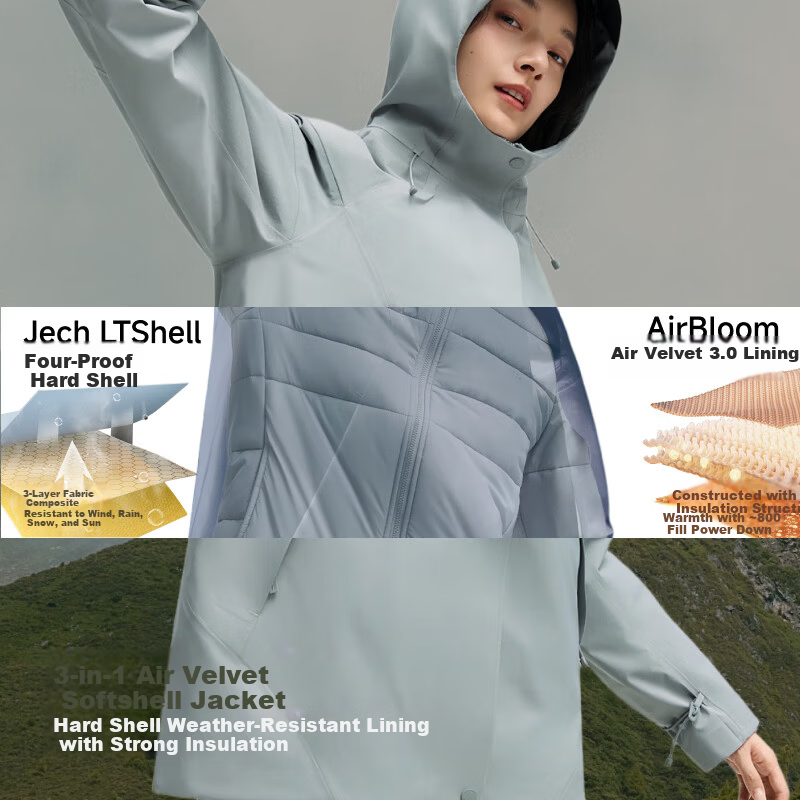 Beneunder Women's 3-in-1 Mountaineering Fleece Jacket Outdoor High Warmth LS101 Light Gray M