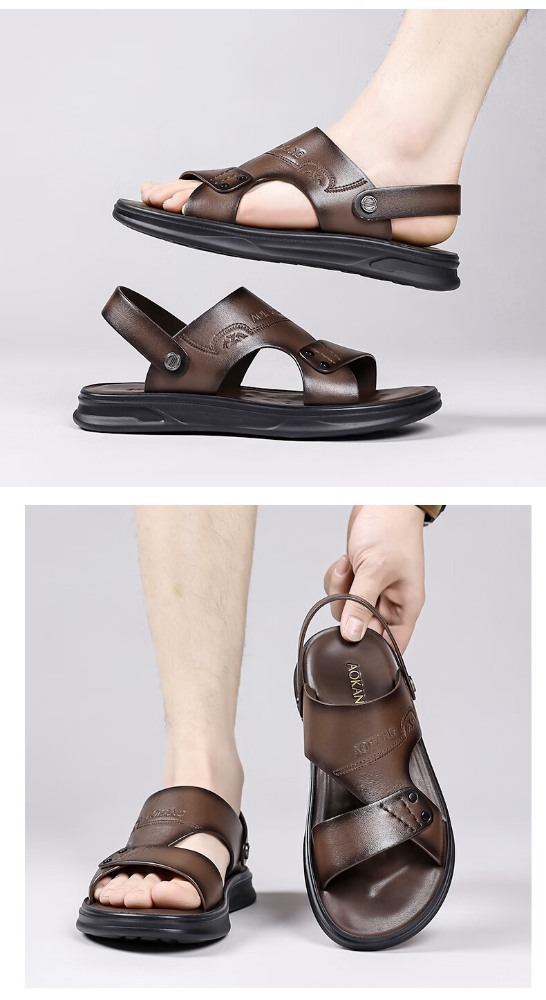 Aokang Men's Summer Casual Beach Leather Sandals Black Size 38 19