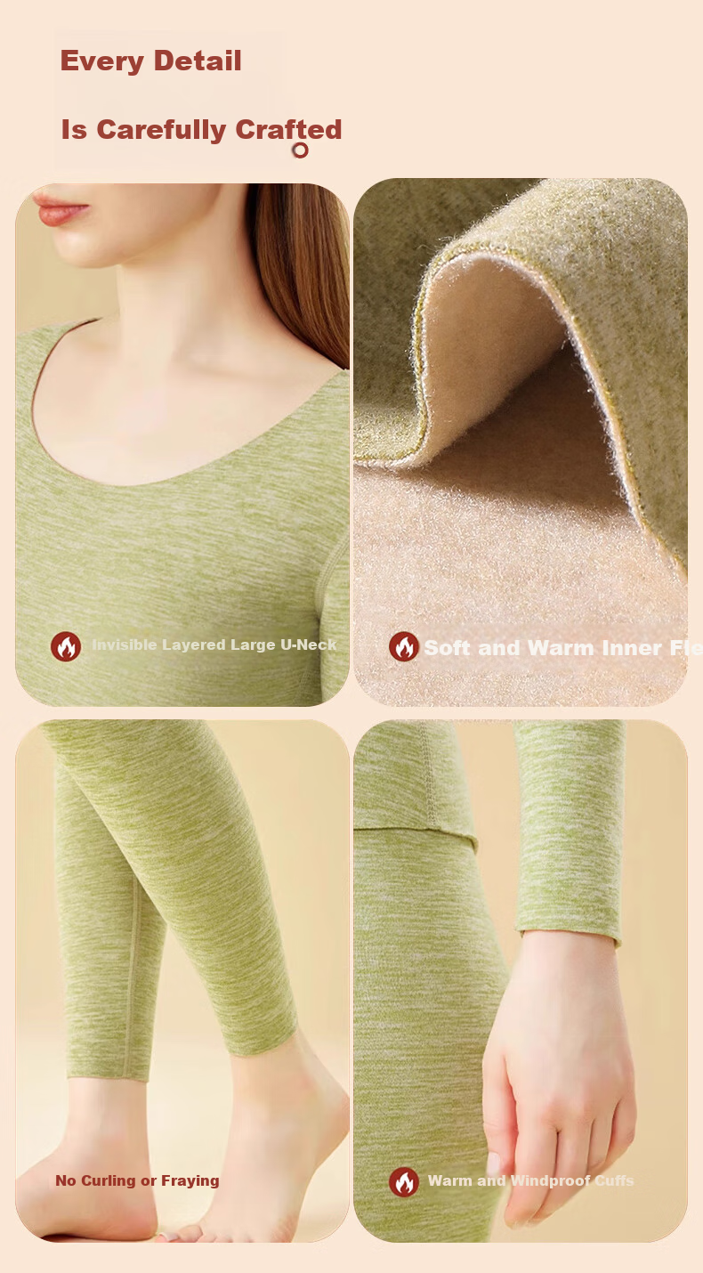 BOPRUIEY Women's Thermal Underwear Set Cashmere Silk Antibacterial Heating Round Neck Thin Fleece Base Layer Autumn Top and Bottom Set 13
