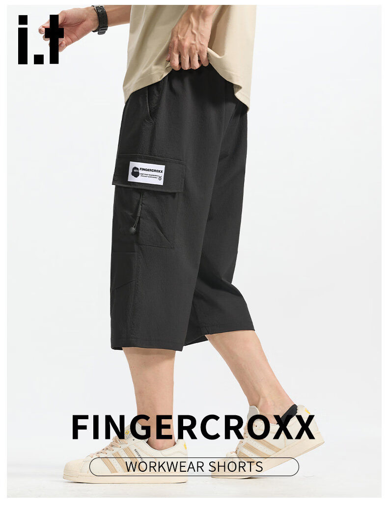 Fingercroxx IT American Workwear Casual Pants Men's Summer Lightweight Breathable Loose Fit Cropped Pants Black M 2