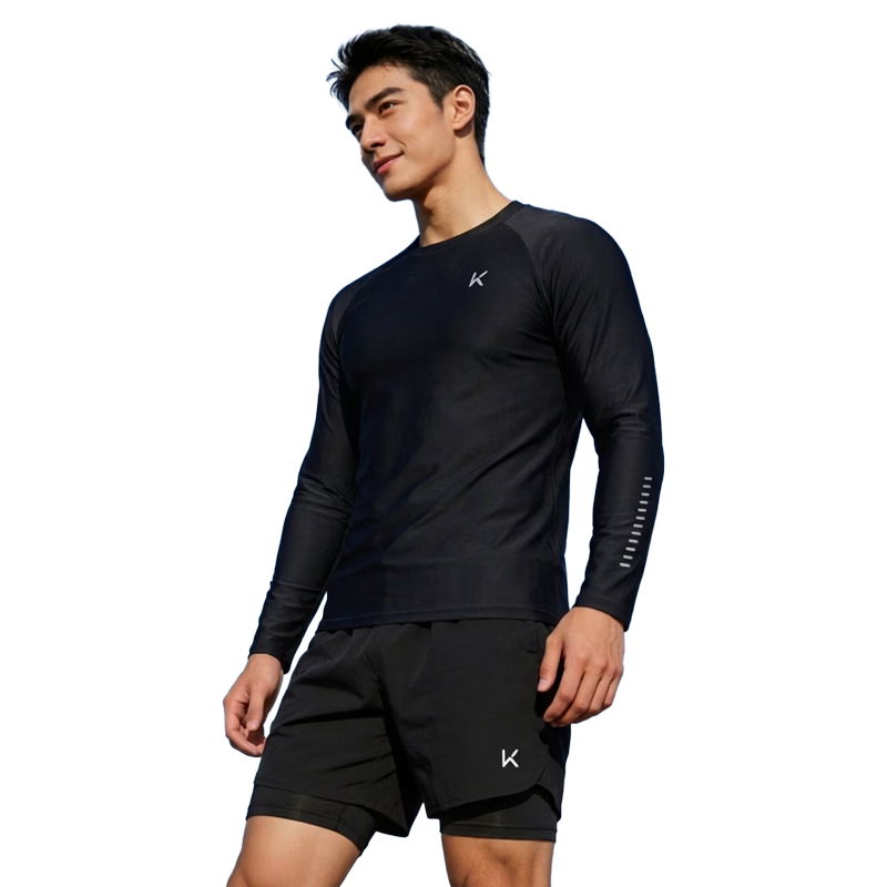 Keep Men's Long-Sleeve Swimsuit, Quick-Dry Anti-Embarrassment Professional Hot Spring Surfing Suit Swimming Gear, Black XXXL