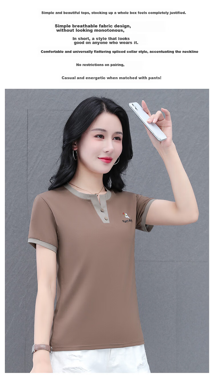 Woodpecker Pure Cotton Crew Neck Shoulder-Fit Short Sleeve T-Shirt for Women Summer New Slim Fit Black M 3