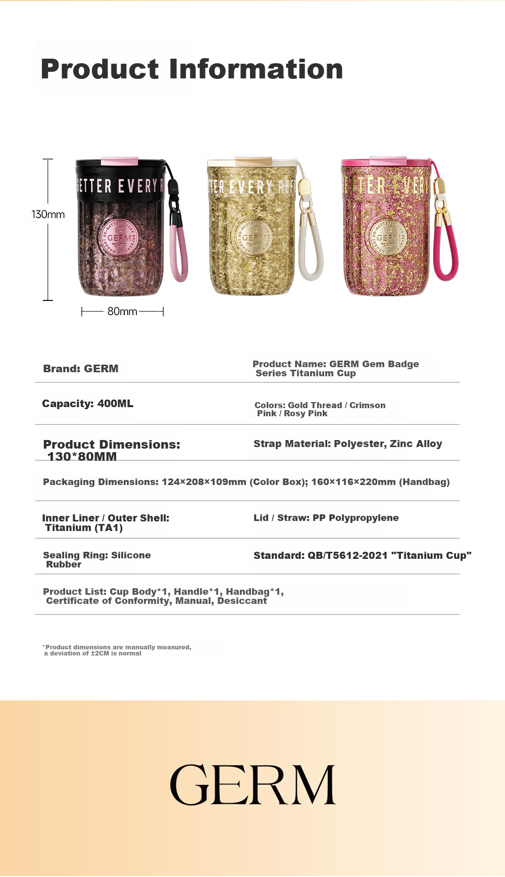 Germ Pure Titanium Insulated Double-Drink Straw Coffee Cup Women's Gift Water Bottle Gift Box Titanium Cup 400ML Gold Trim 13