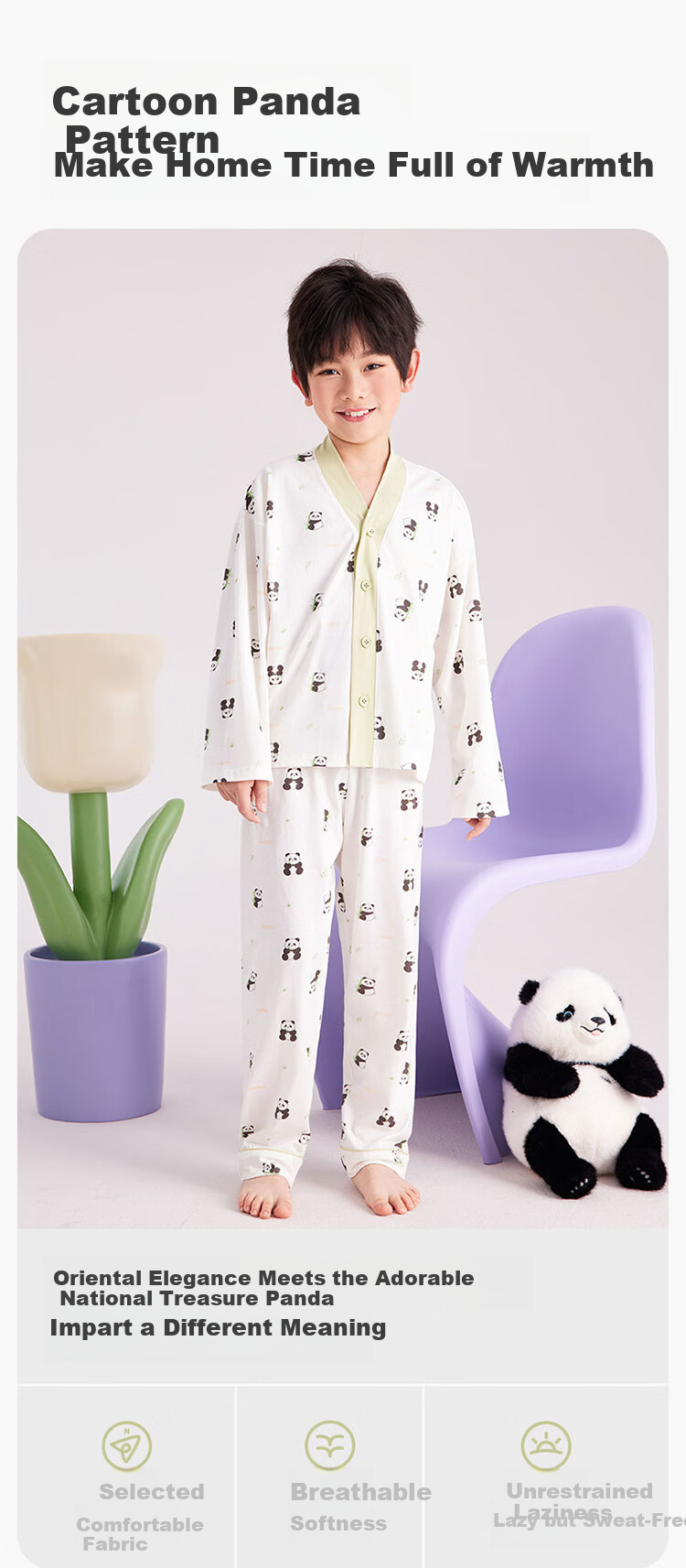 Hodo Kids Unisex New Cardigan Air Conditioning Cotton Pajama Set with Panda Print 170 3