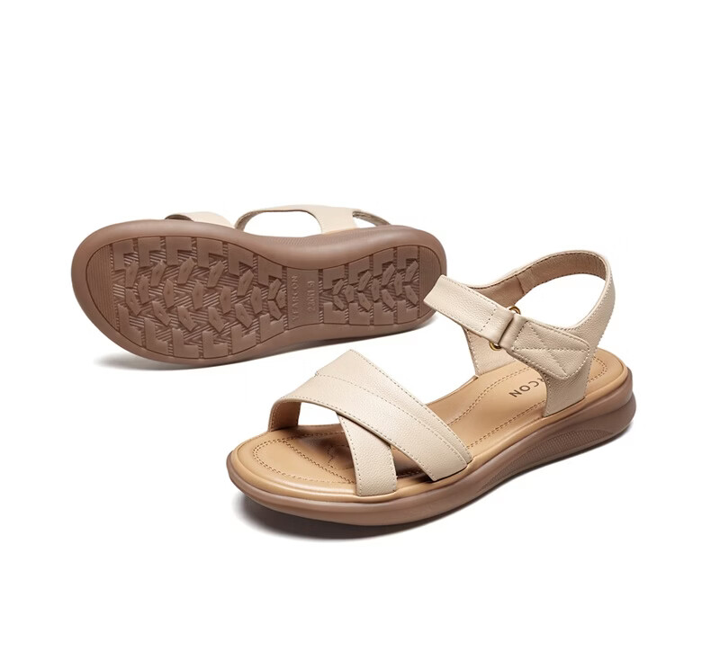 Eierkang Women's Mom Sandals Thick Sole Cowhide Comfortable Soft Low Heels for Middle-aged and Elderly 10986W Off-white Size 35 8
