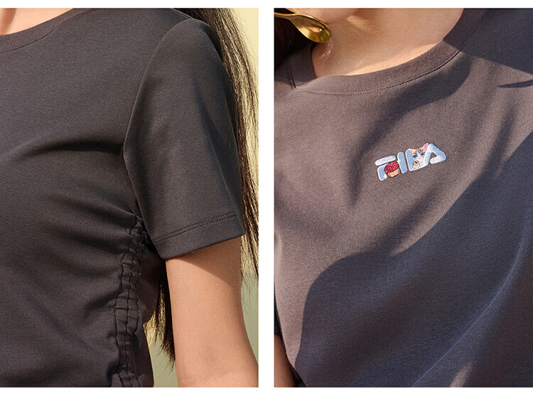 FILA Yang Mi Same Style Knitted Short Sleeve Shirt Women 2026 Summer Side Drawstring Fashion Casual Embroidered Logo Slim T-Shirt 19