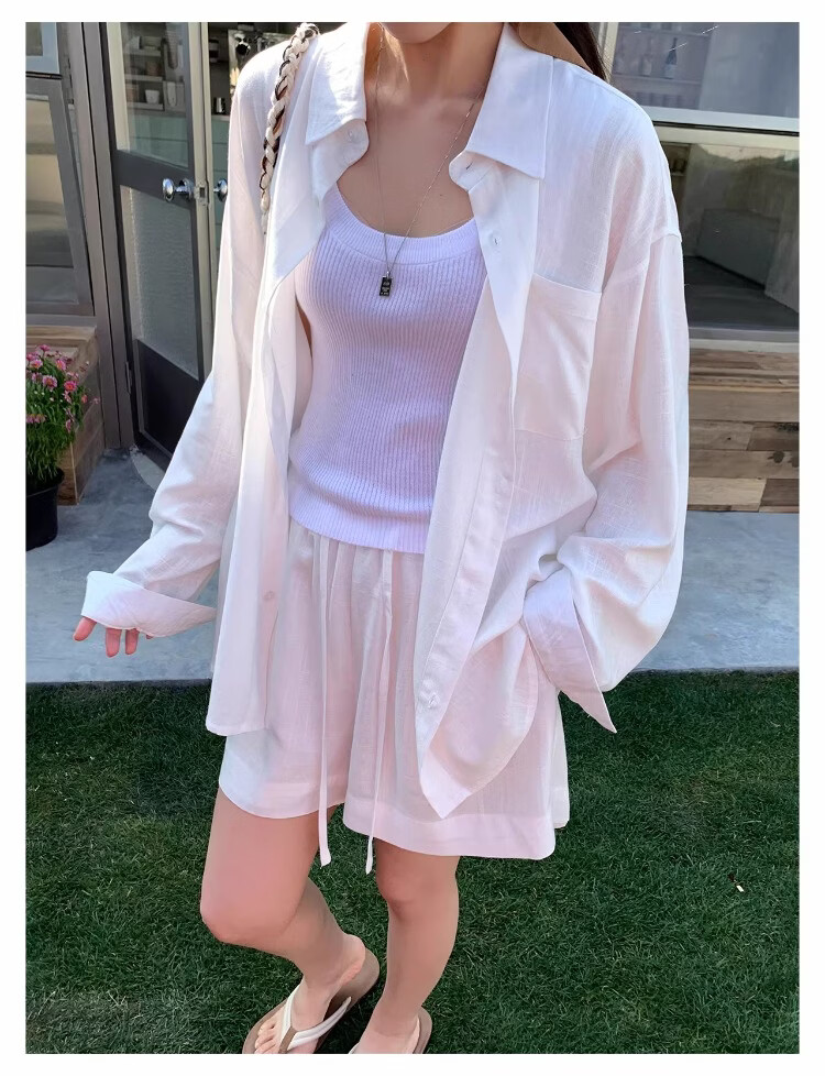 ICH MODE "Bangkok Holiday" Linen Shirt Women Lazy Style Physical Sun Protection Long Sleeve Shirt Linen Color L 32