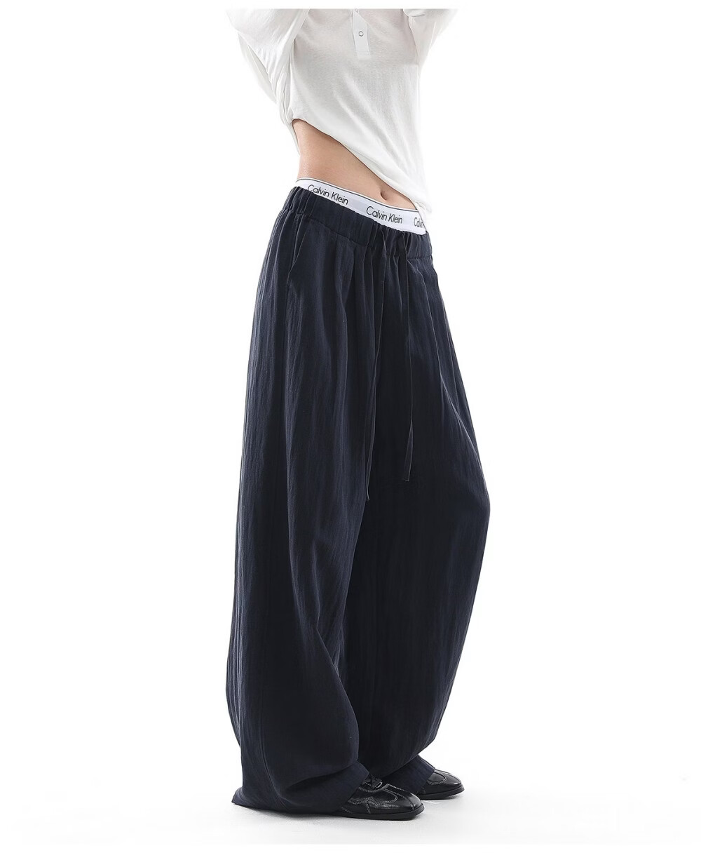 ICH MODE Women's Draped Linen Casual Pants New Loose Straight Wide-Leg Trousers Sports Pants Four Seasons Navy Blue S 12