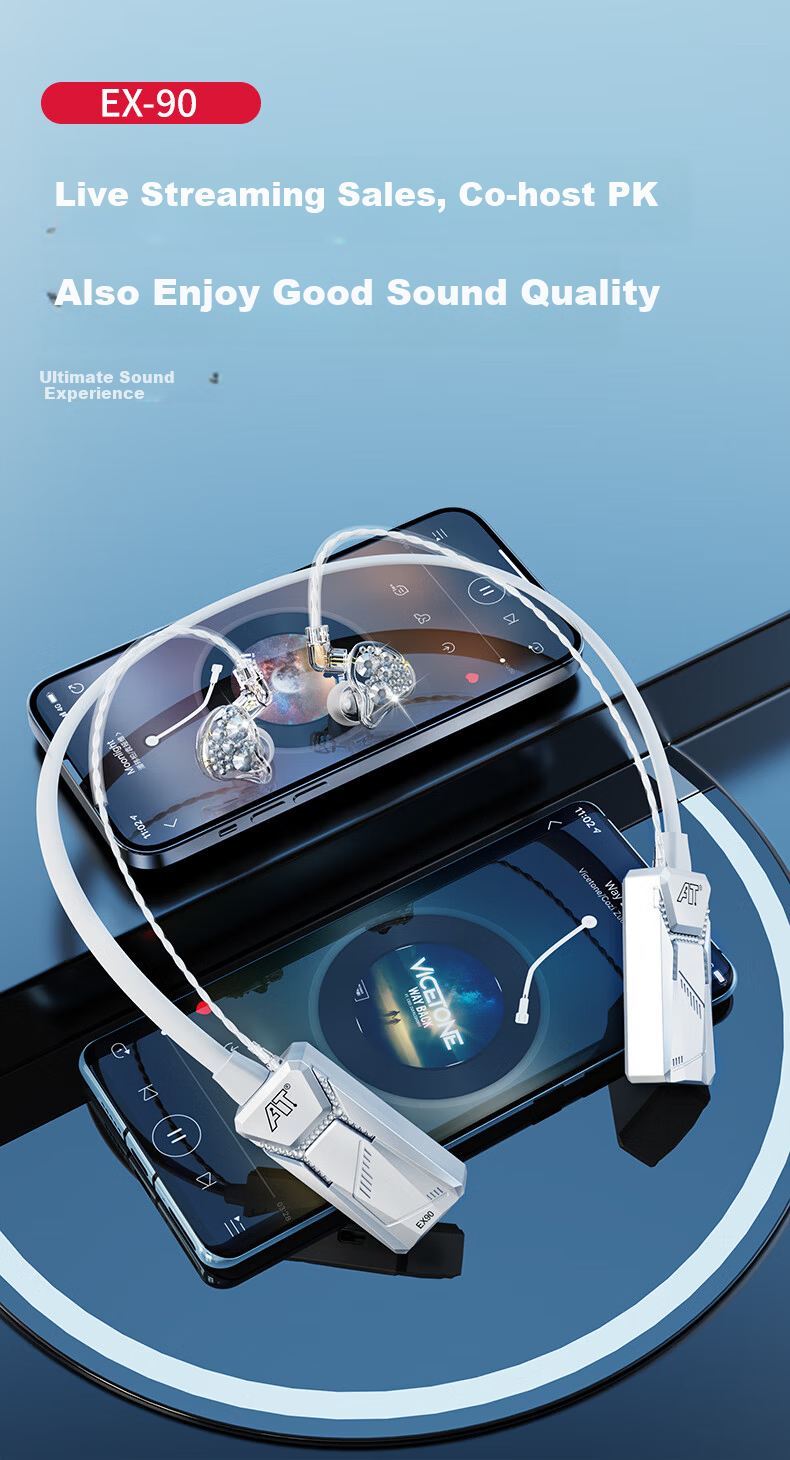 AT EX90 Professional Live Monitoring Earphones Long Cable In-Ear Earbuds for Mobile PC Karaoke High-Fidelity Gaming Recording Sound Card Diamond-Studded Silver Pink Single Earphone 1