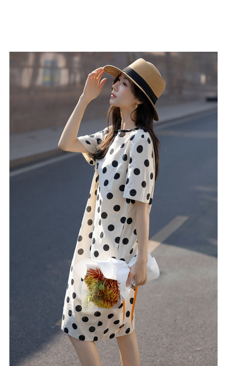 Demana [with Flax Cloud Oxygen Cotton] Summer Bowknot Decor Round Neck Polka Dot Print Loose Dress for Women Premium Quality 10