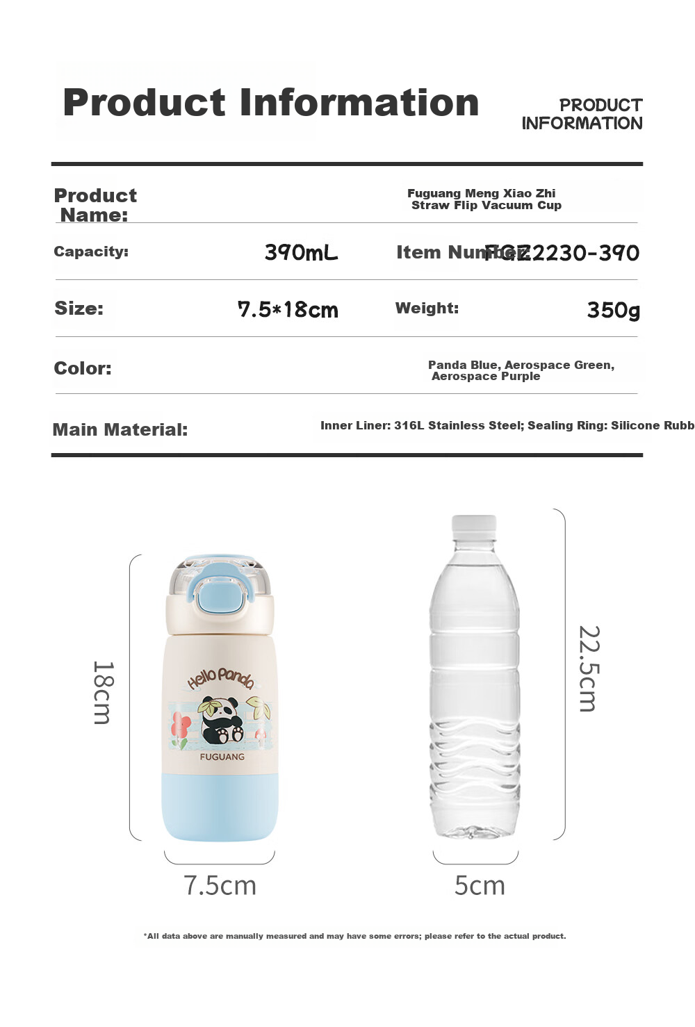 FGA Fuguang Kids Insulated Water Bottle Student Cup 316L Stainless Steel Straw Cup Flip Lid Portable Panda Blue 390ml 8