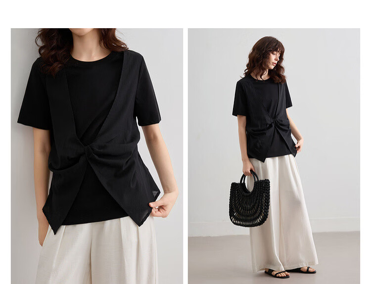 Demana [Comfort Sorona] Summer Fake Two-Piece Spliced Organza Round Neck Short Sleeve Slim Fit Petite Women's T-Shirt 7