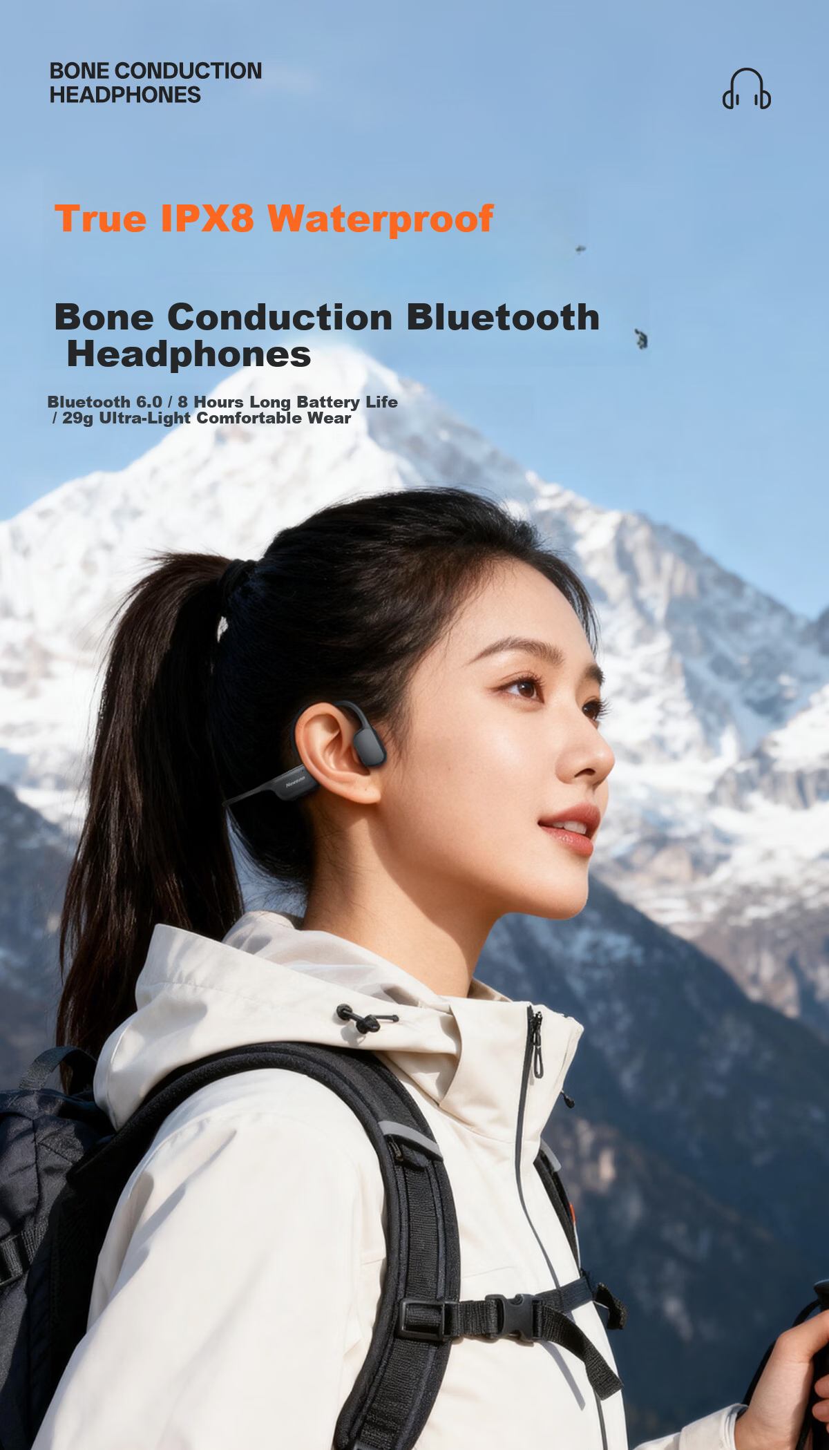 Newmine Bone Conduction Bluetooth Earphones Ear-Hook Wireless Headphones Swimming Running Gaming Non-In-Ear Sports Earphones IPX8 Waterproof with 32GB Memory Compatible with Apple Huawei Phones 4