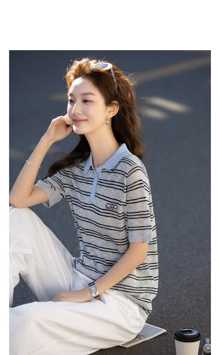 Demana [Smart Academy] Summer Retro Colorblock Polo Collar Striped Embroidered Slimming Concealing Knit Short Sleeve Top for Women Premium 10
