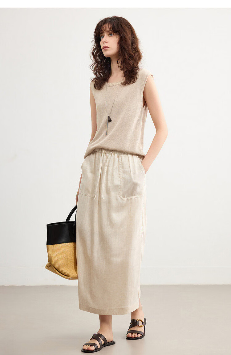 Demana [with Linen Lyocell] Summer Minimalist Commuter Split Drawstring Elastic Waist Slimming Mid-Length Skirt for Women 14