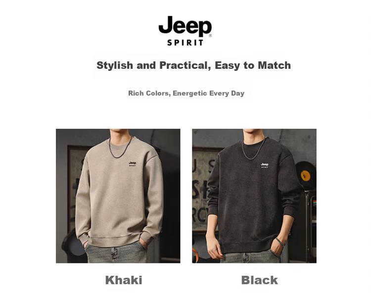 JEEP SPIRIT Men's Heavyweight Sweatshirt Spring American Vintage Long Sleeve Crew Neck T-Shirt Khaki M 2