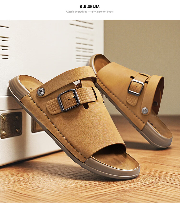 Bull Family Men's Summer New Leather Sandals Vintage Beach Shoes Outdoor Casual Soft Sole Dual-Purpose Trendy Slippers 23