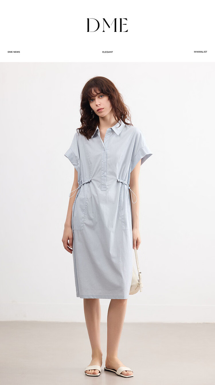 Demana [Cloud Cotton Whisper] Summer Simple Style Lapel Half-Placket Drawstring Waist Loose Casual Mid-Length Dress for Women 1
