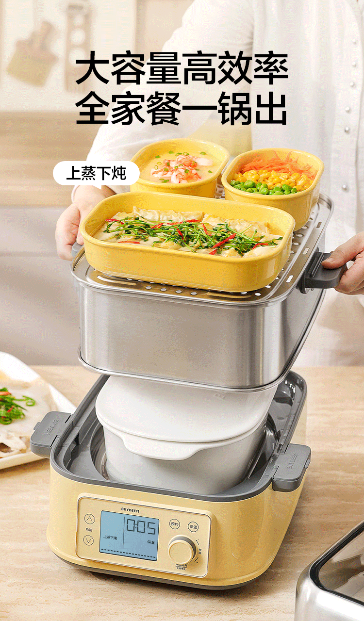 Buydeem Electric Steamer Household All-Steel 0-Coating Electric Stew Pot Large Capacity Multifunctional Steam Cooker [Family Set] G76 Light Cedar Green + Steam Pot + Stew Pot + Steaming Tray + Piggy B 13