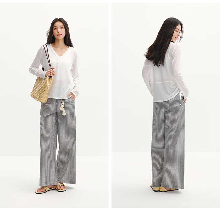 Semir Women's Long Sleeve Summer V-Neck Solid Color Linen-Like Loose Drawstring Blouse 2026 Gentle Top 109326101006 17