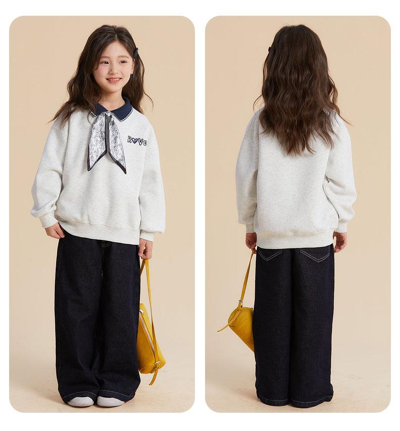 Fulomi Girls' Sweatshirt Spring and Autumn Korean Style Casual Loose Lapel Children's Fashion Clothing Gray 150 8
